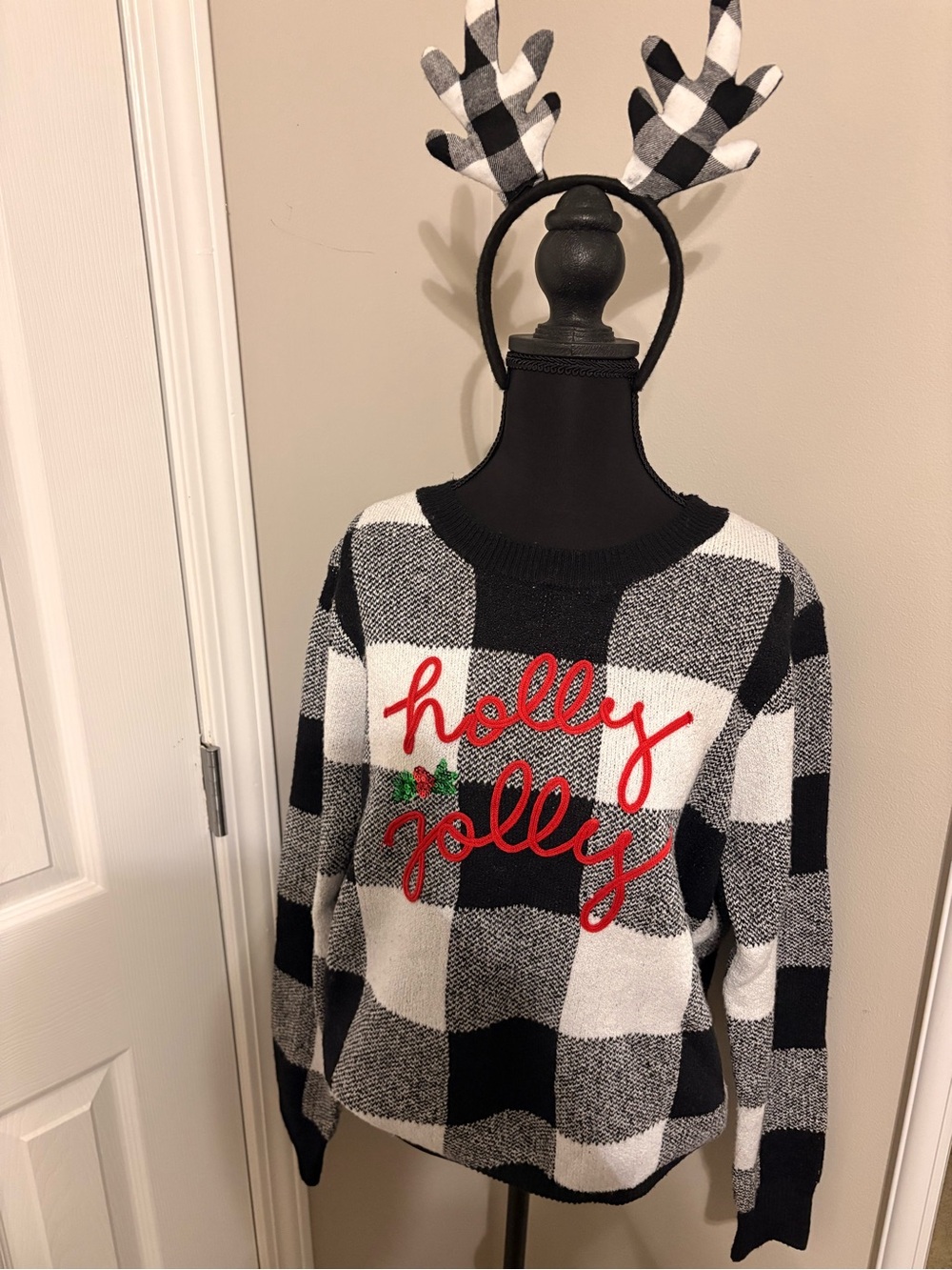 Black & White Buffalo Plaid 'Holly Jolly' Holiday Sweater and matching headband.